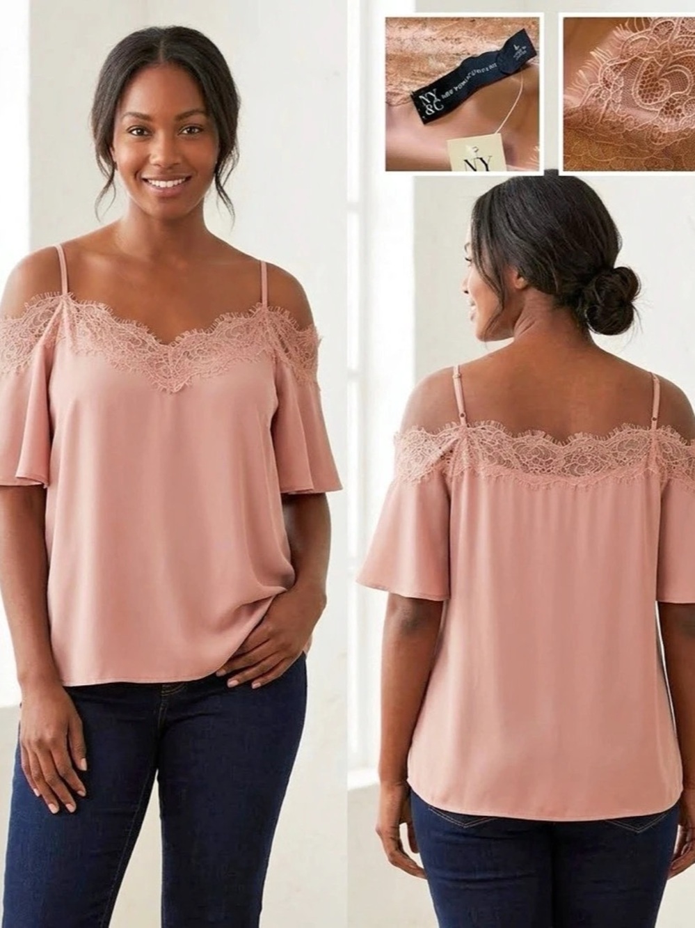 NY&C Lace Cold Shoulder Blouse in Pink Size Large NWT